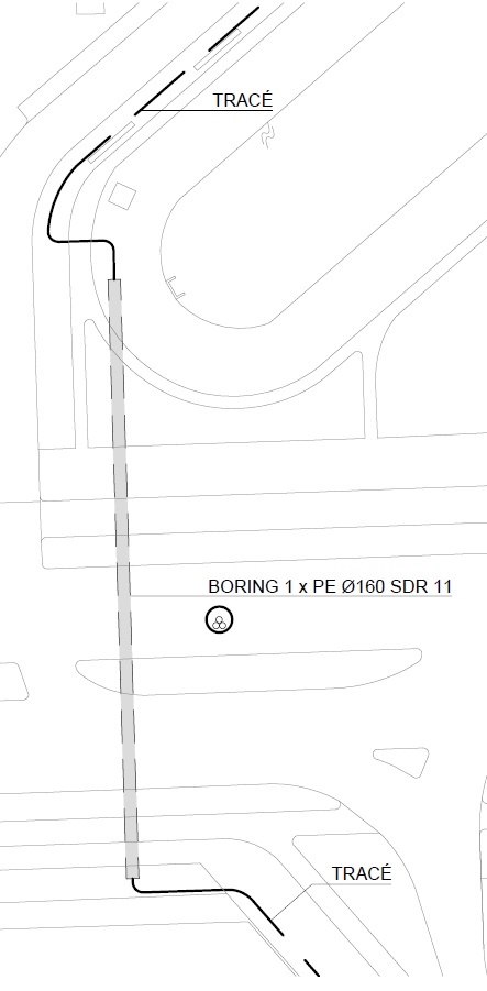 Voorbeeld tracé verloop met de aangegeven locatie voor horizontaal gestuurd boren.